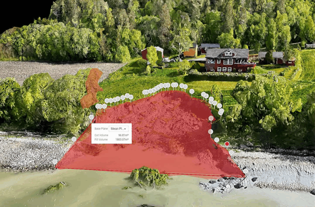 Drone imagery being used to create a landmass calculation in 3D-software environment.