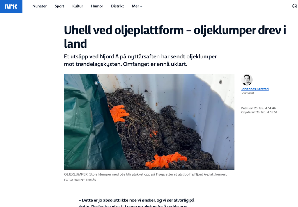 Article from NRK regarding the oil spill incident.