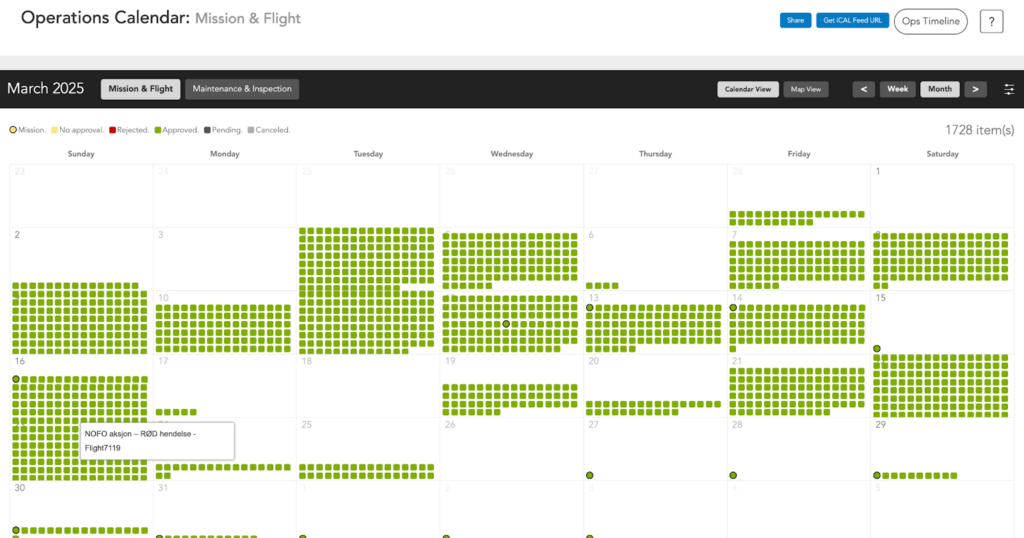 Calendar showing flight logs in green.